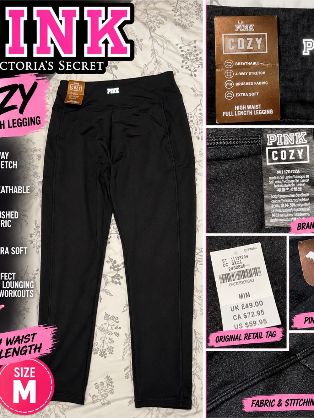 PINK Victoria’s Secret Cozy High Waist Full Length Leggings Black M NWT